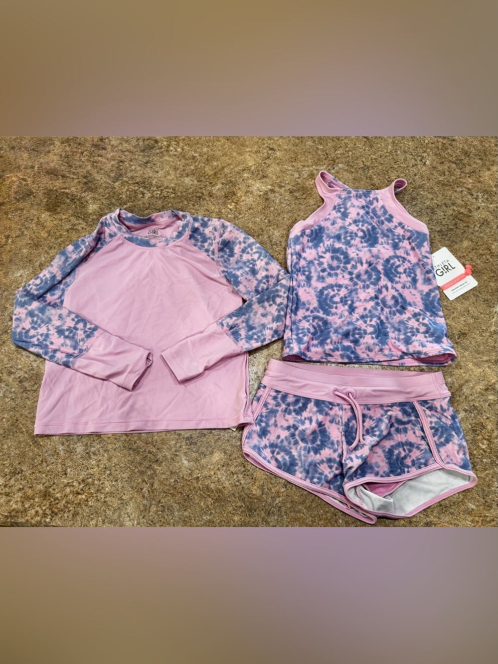 Athleta Girl 3-Piece Swim Set – Pink Blue Tie Dye – Size M (8–10)
